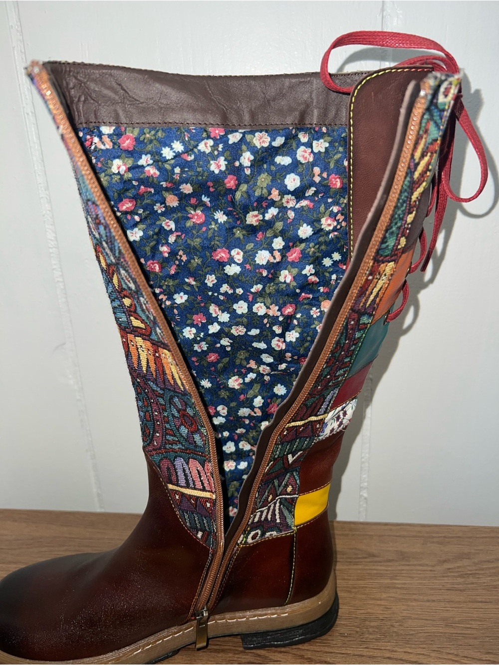 Tall Leather Tapestry Boots Women’s 39 (8.5) Boho Zip - Picture 9 of 10
